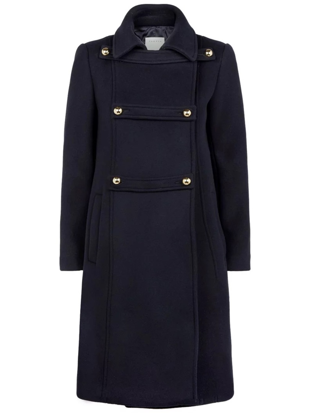 Sandro Navy Wool Military-Inspired Long Coat with Gold Buttons